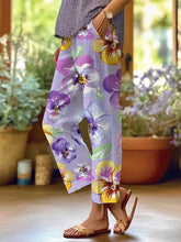 Frauen Alzheimer-Bewusstsein Lila Blumen bedruckte Leinen hosen aus Baumwolle